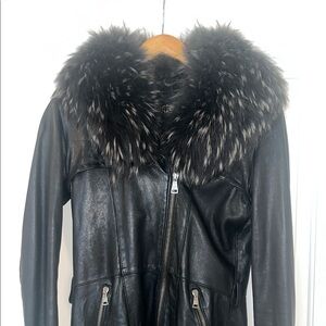 Giorgio Brato Black Fox Fur Collar Leather Trench Coat